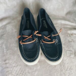 Sperry Dark Blue Boat Shoes with Brown Laces